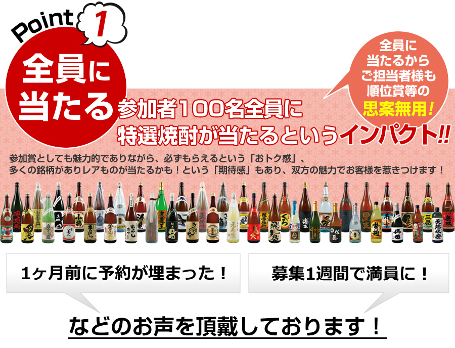参加者100名全員に特選焼酎が当たるというインパクト！